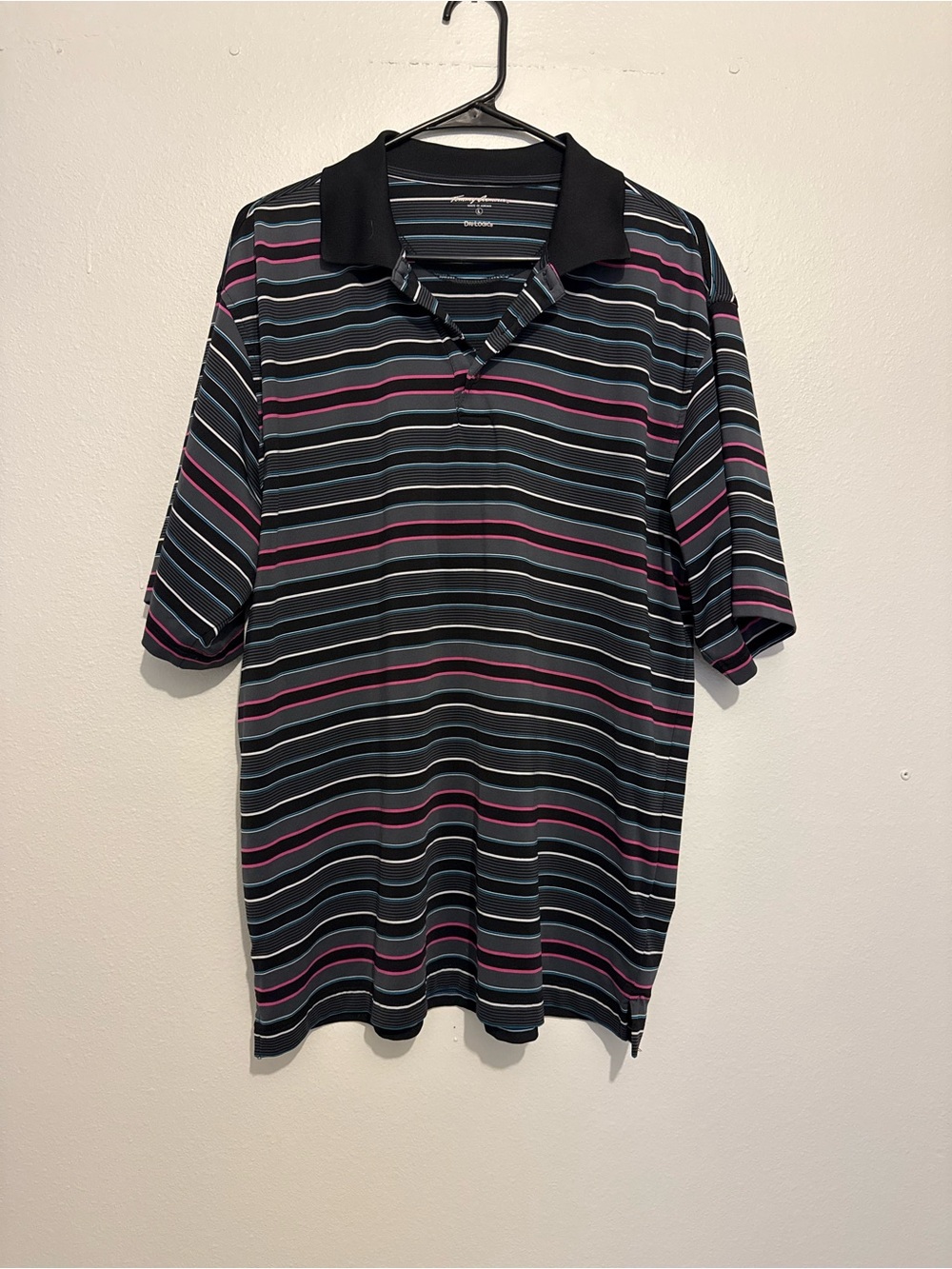 Black Polo with Pink & Blue Stripes — Classic Short-Sleeve